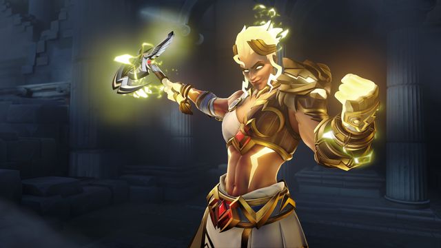 Junker Queen poses with her ax and a closed fist while wearing a Zeus themed mythic skin that gives her lightning hair in a screenshot from Overwatch 2.