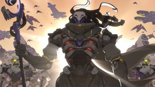 An illustration of Ramattra, the new Omnic hero for Overwatch 2, leading a mechanized army and holding his staff in his right hand.