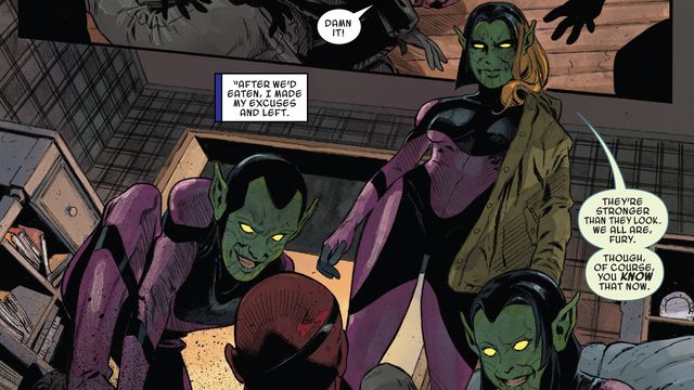 Three skrulls menace a prone Nick Fury in Secret Invasion #1 (2022). 