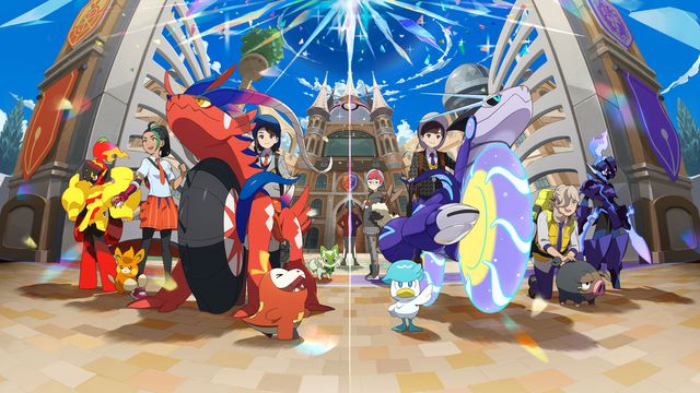Male and female Pokémon trainers, riding on the motorcycle forms of Miraidon and Koraidon, respectively, are flanked by classmates and Pokémon starters Sprigatitto, Fuecoco, and Quaxly, and others (Lechonk, Pawmi, Armorouge, and Ceruledge), in artwork from Pokémon Scarlet and Violet.