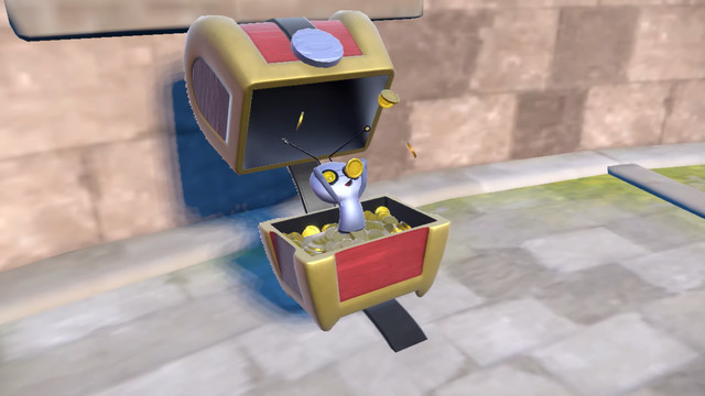 A small blue bug-like Pokémon in a treasure chest, throwing gold.