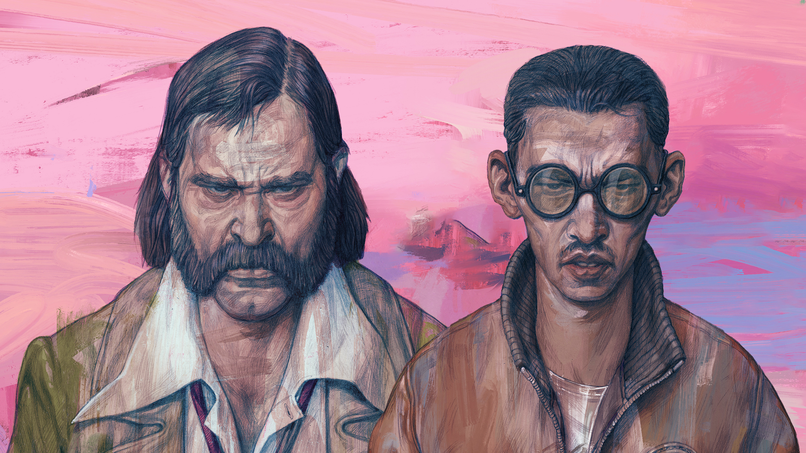 Artwork depicting Harry and Kim, two Disco Elysium characters, peering sternly at the viewer.