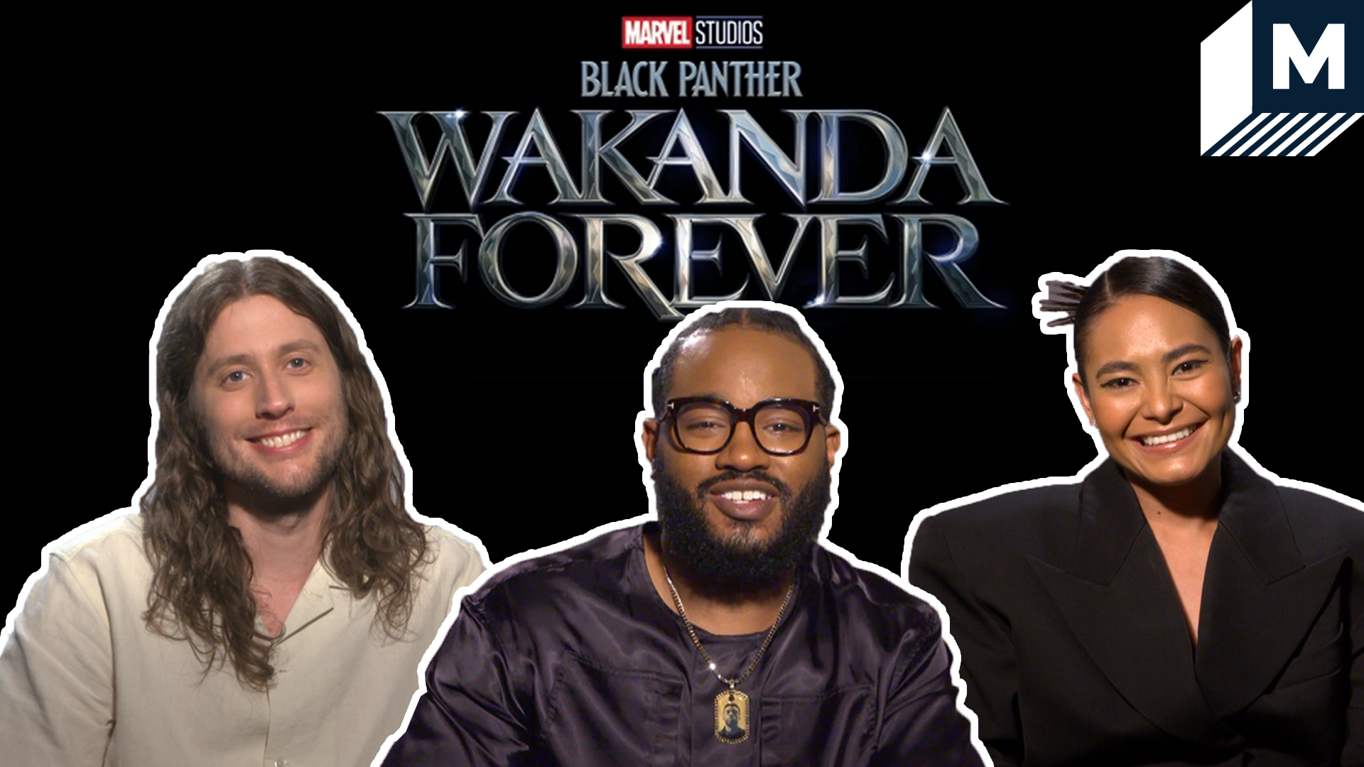 Ryan Coogler, Ludwig Goransson and Mabel Caldena smiling under the Black Panther: Wakanda Forever logo