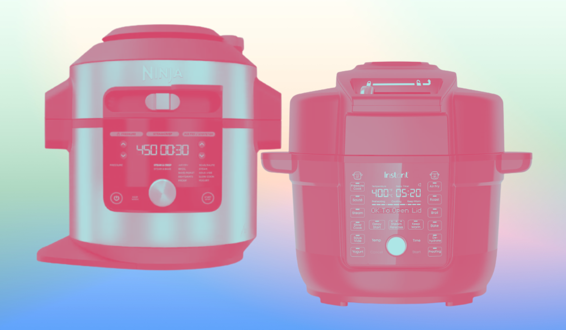 Instant Pot Duo Crisp and Ninja Foodis on a colorful background