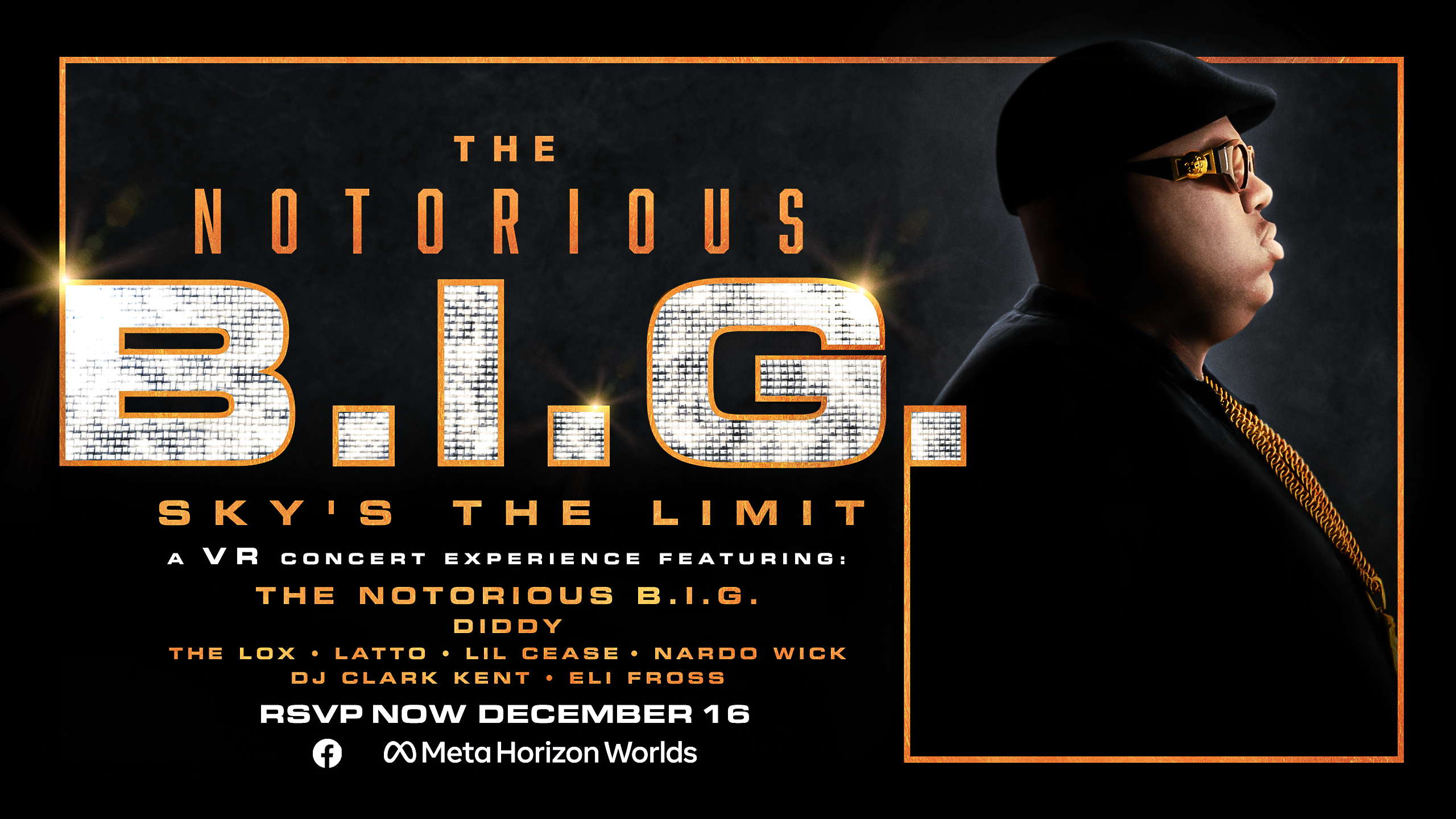 A graphic that reads, 'The Notorious B.I.G. Sky's The Limit' with Biggie's side profile. 