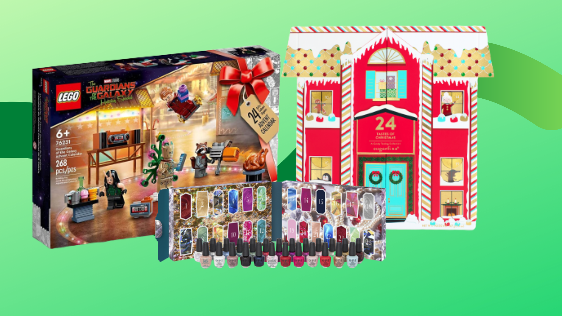 Colage with three different advent calendars on a colorful background