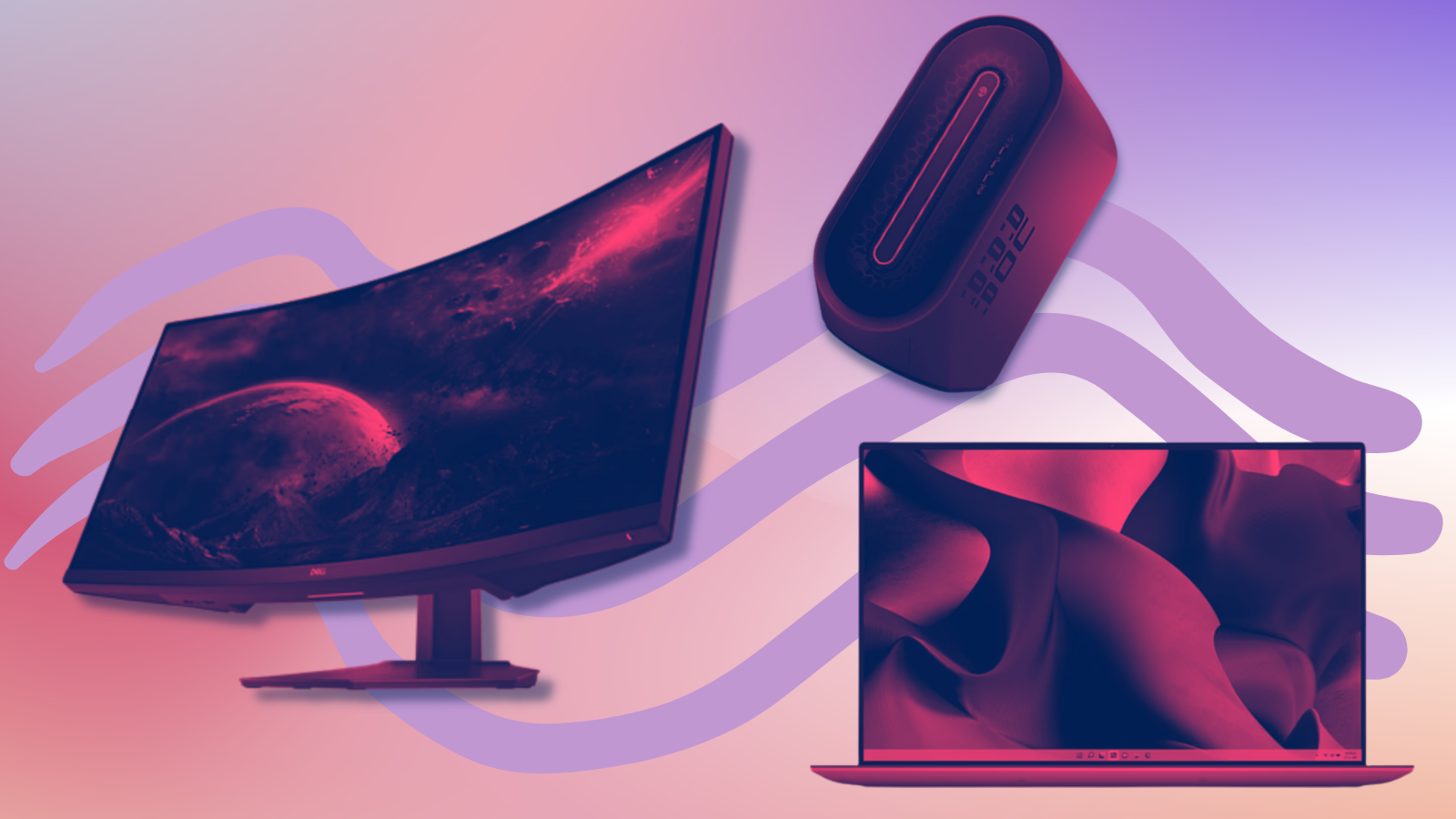 dell xps laptop, S3422DWG gaming monitor, and Alienware Aurora R13 gaming desktop with pink tint and colorful background