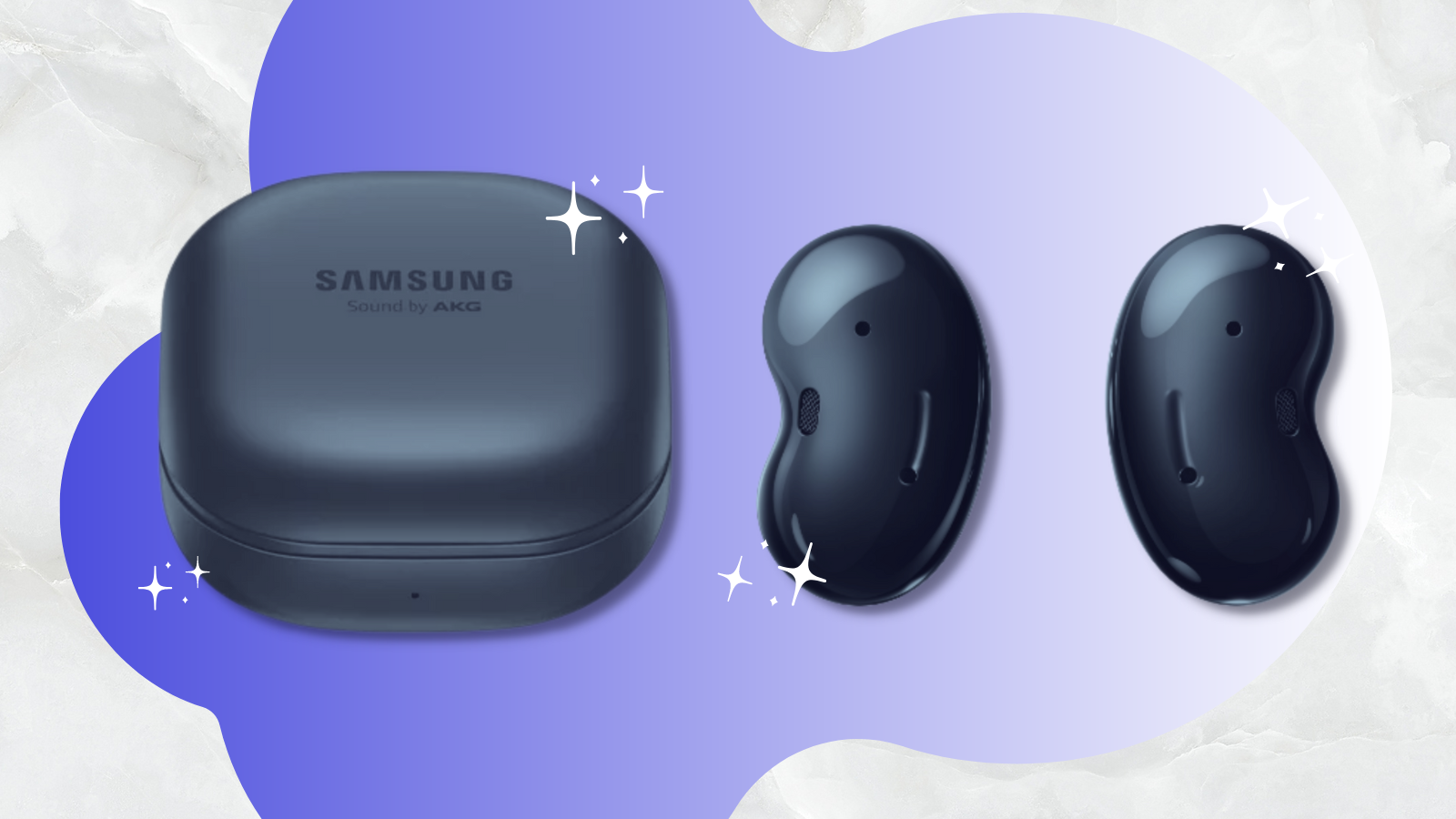 samsung galaxy buds live with case against a blue and white background