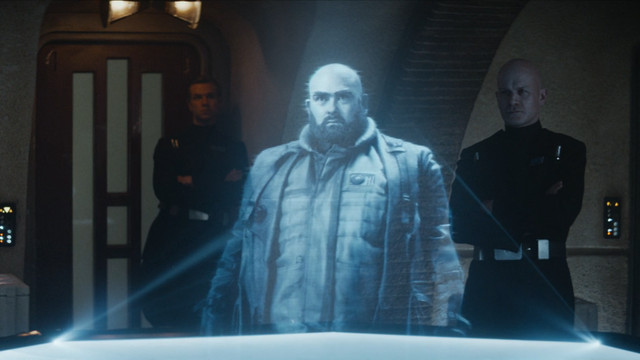 A blue hologram of Anto Kreegyr from Star Wars: Andor