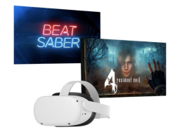 Meta Quest 2 VR headset with two screens featuring Beat Saber and Resident Evil games