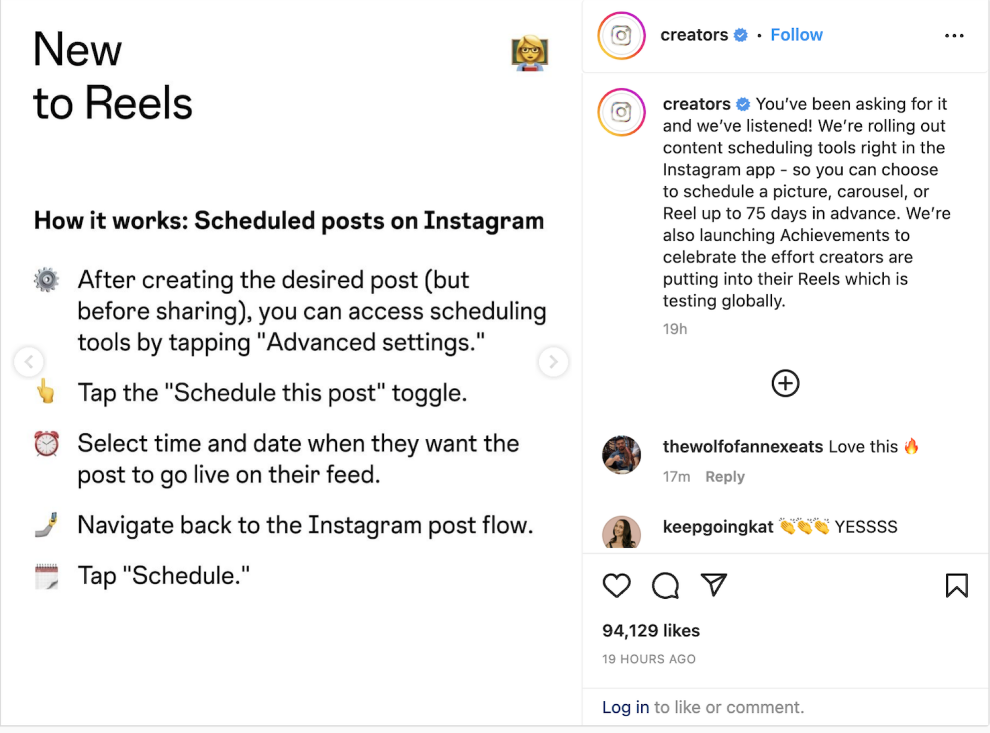 Instagram's creator account's post detailing how to schedule a post.