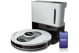 Shark white robot vacuum and phone with Shark app against white background