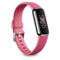Pink Fitbit Luxe displaying clock face home screen