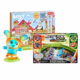 Beyblade and Bluey playset boxes and learning action figure