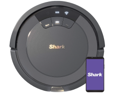 Black shark robot vacuum against a white background, phone with app on the right
