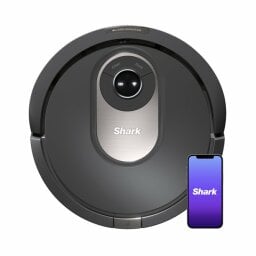 Shark robot vacuum and smartphone with purple screen and Shark logo