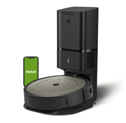 Roomba i1+ robot vacuum and smartphone on green iRobot screen
