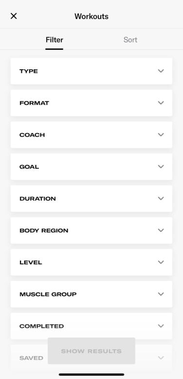 Tonal's workout types listed in the app