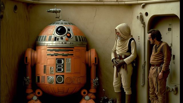 A rendering of “Wes Anderson Star Wars” via the AI art engine Midjourney, showing a giant orange astromech droid in a room with two figures in Star Wars-esque outfits and a group of tiny figures below them, all in the kind of flat lighting and detail-oriented design Wes Anderson is known for