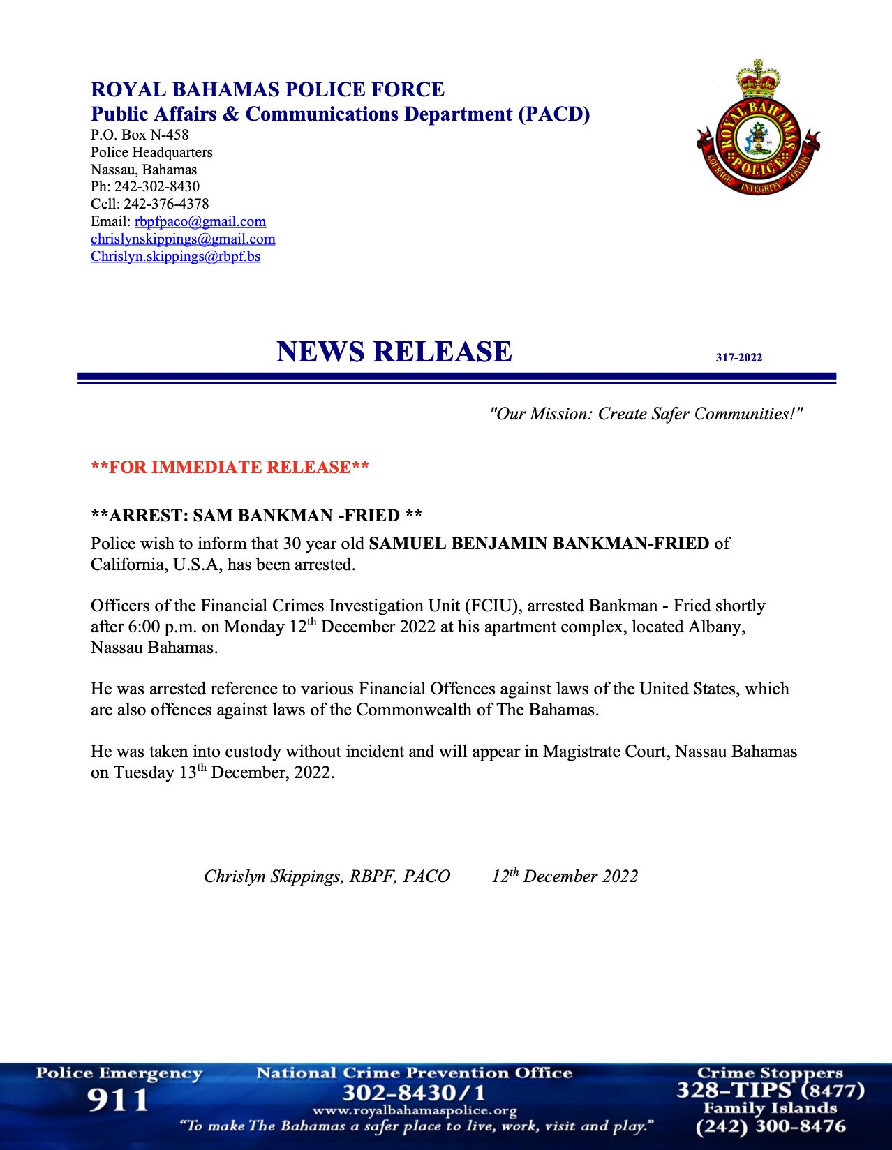 Royal Bahamas Police Force statement on Sam Bankman-Fried arrest