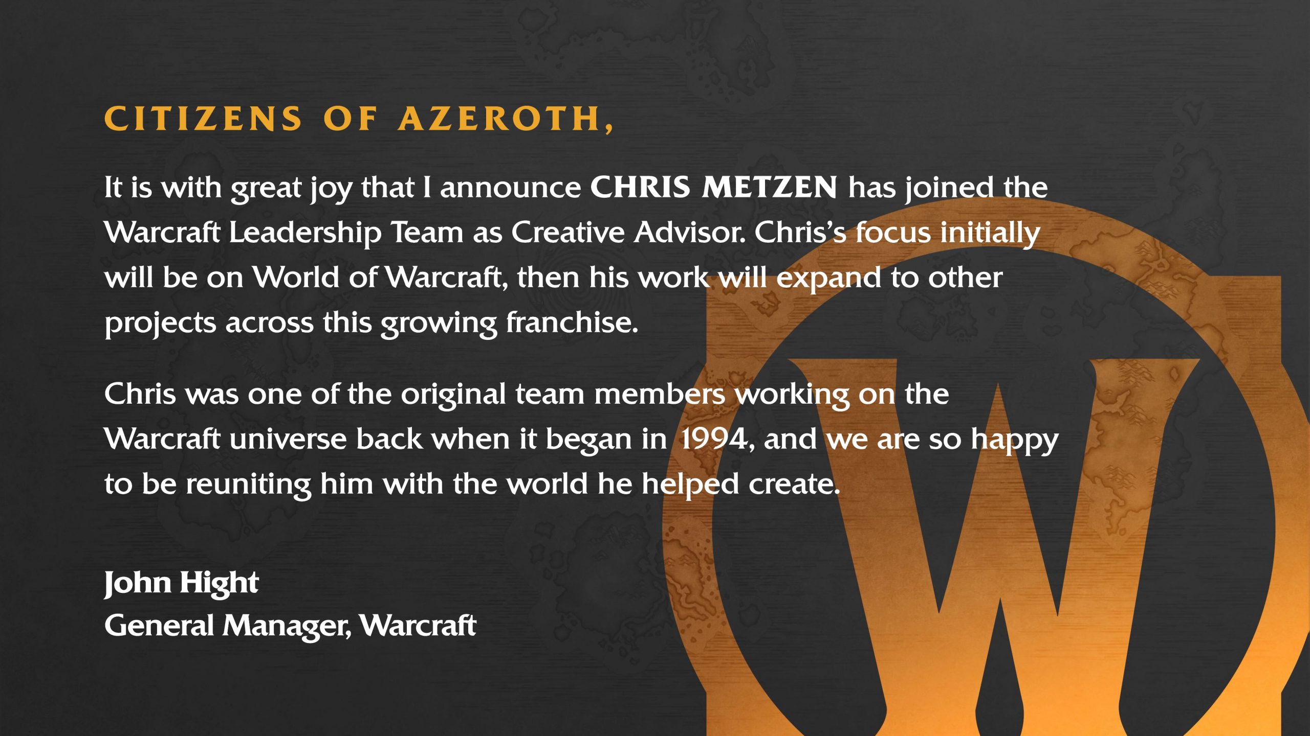 Former Warcraft creative director Chris Metzen is returning to Blizzard