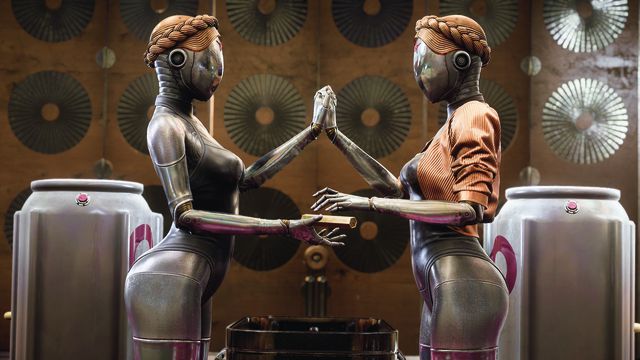 Two shiny chrome androids with featureless faces, decorated with Soviet stars, female bodies, and traditional Russian braided hair, face each other holding hands