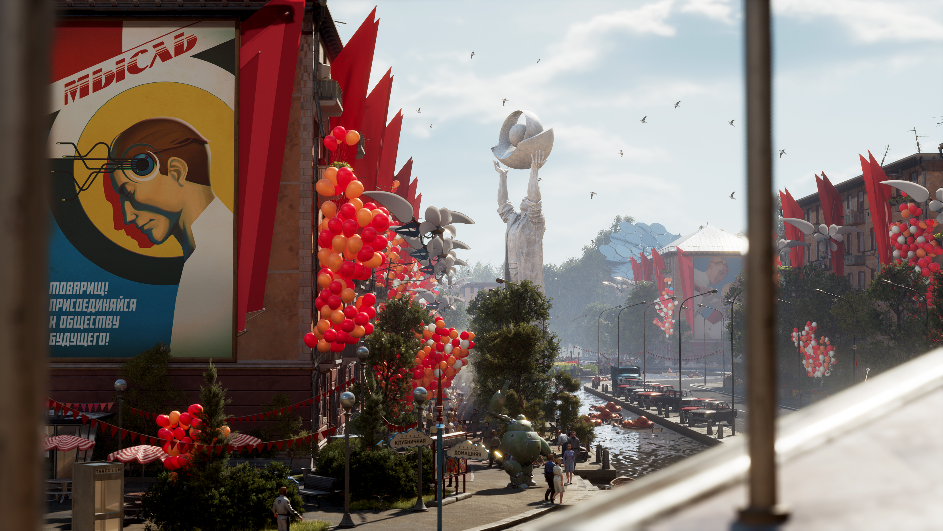 An image of a Soviet city in Atomic Heart, strewn with advertisements and propaganda.