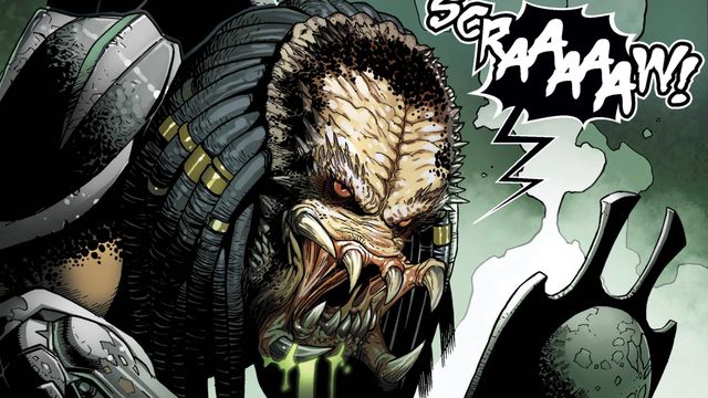 An unmasked Predator alien opens its fangs, snarling “SCRAAAAAW!” in Predator #1 (2022).