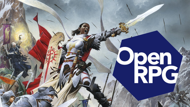 A Black woman stands amidst the tumult of a medieval battle, arrows flying overhead. Her sword is raised over a shield that reads “Open RPG.”