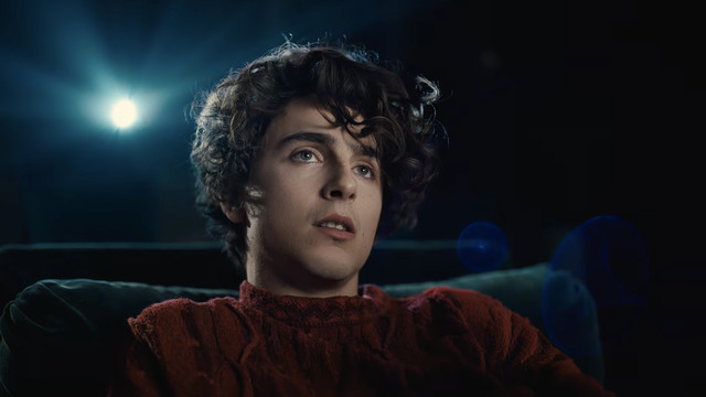 A still from a trailer of Timothée Chalamet in a movie theater. He looks like he’s yearning for something on screen with his soft eyes and sullen look.