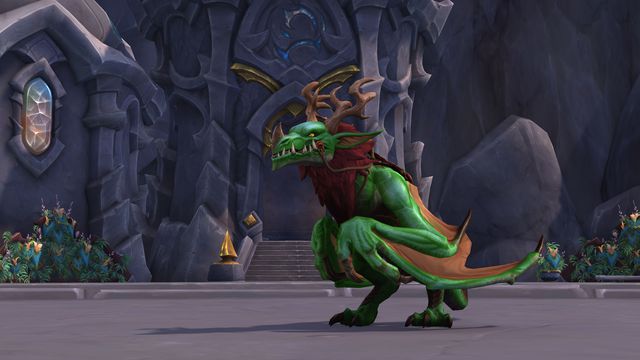 A green dragon stands in front of the player for customization, tucking its wings in next to its body and standing on its back legs, in World of Warcraft: Dragonflight.