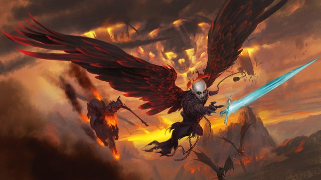 Cover art for D&amp;D’s Baldur’s Gate: Descent into Avernus. Archdevil Zariel reaches for her sword—a reminder of her angelic origins—as her evil henchman Haruman follows her into damnation.