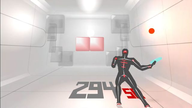 A screenshot of Cosmic Smash, featuring an abstract human shaped being in a long room with a paddle in hand ready to strike a ball toward a series of blocks