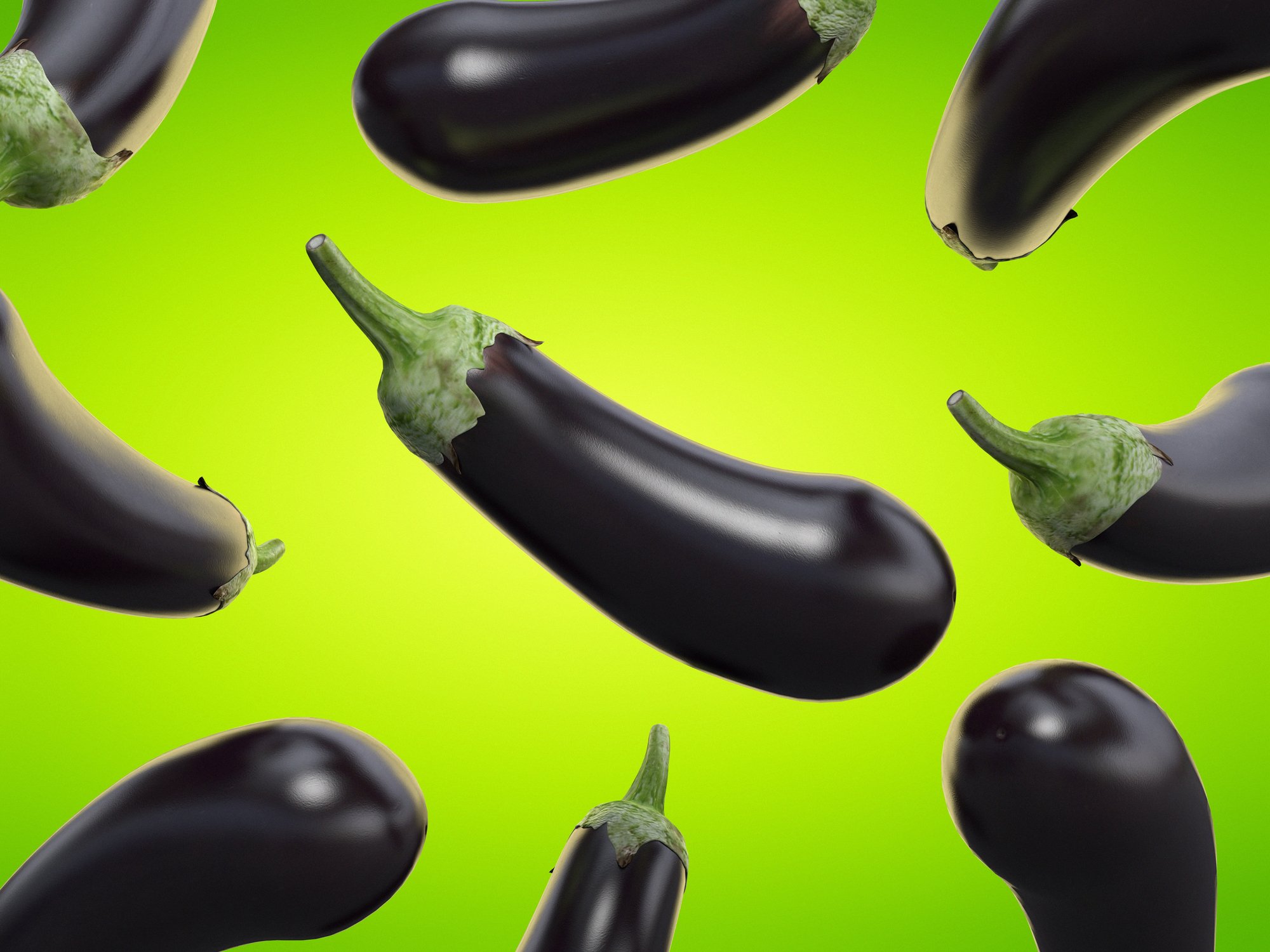 A pattern made of several eggplants (aka aubergines) on a lime green background. 