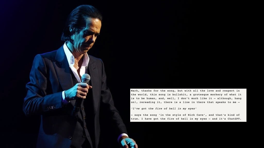 nick cave at performance with screenshot of writing about chatgpt