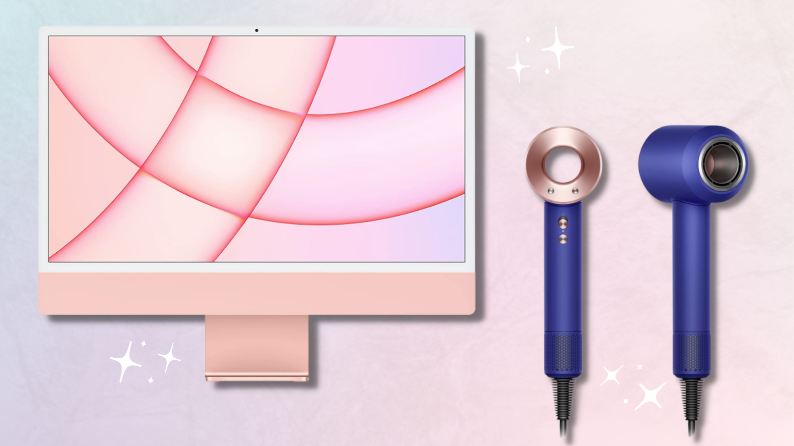 24-inch imac in pink and dyson supersonic hair dryer in blue