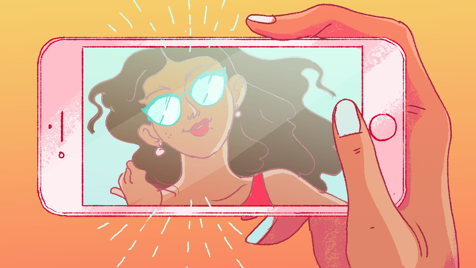 An illustration of a woman taking a selfie. 