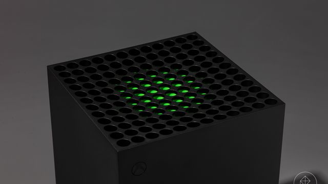 Xbox-X video game console photographed on a dark grey background