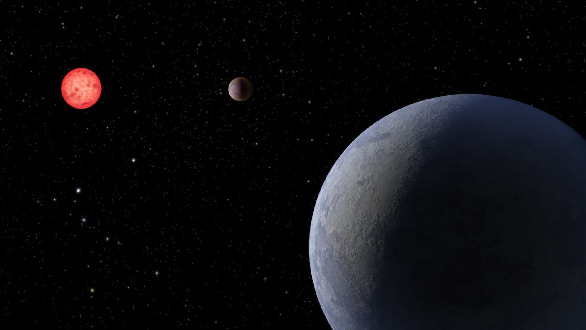 on right, a bluish Earth-like "super-Earth"