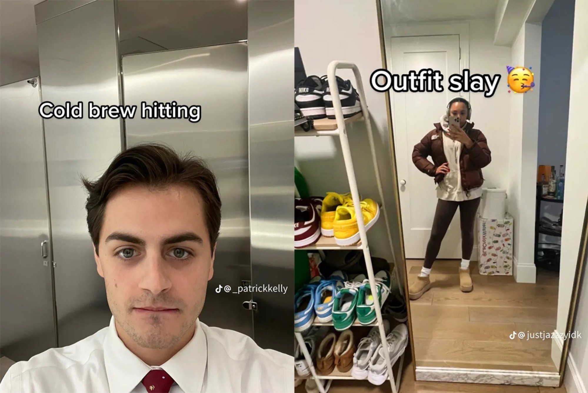 Two examples of the trend one says, "cold brew hitting" and shows a guy in the bathroom in a dress shirt and tie and the other says "outfit slay" and is a mirror selfie of a girl. 
