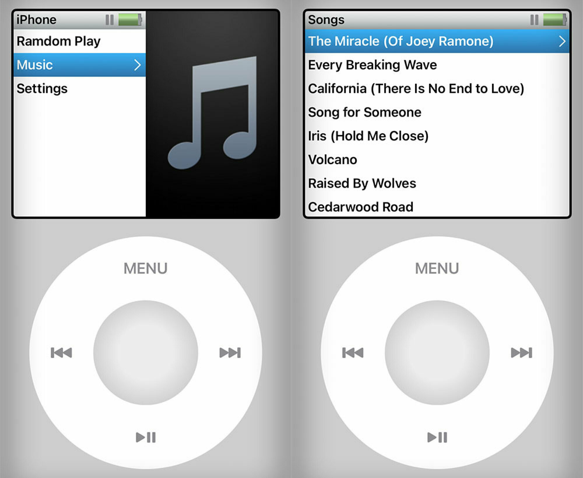Two images side-by-side that show the display of the app Retro Pod, which looks like the display of an iPod Classic.