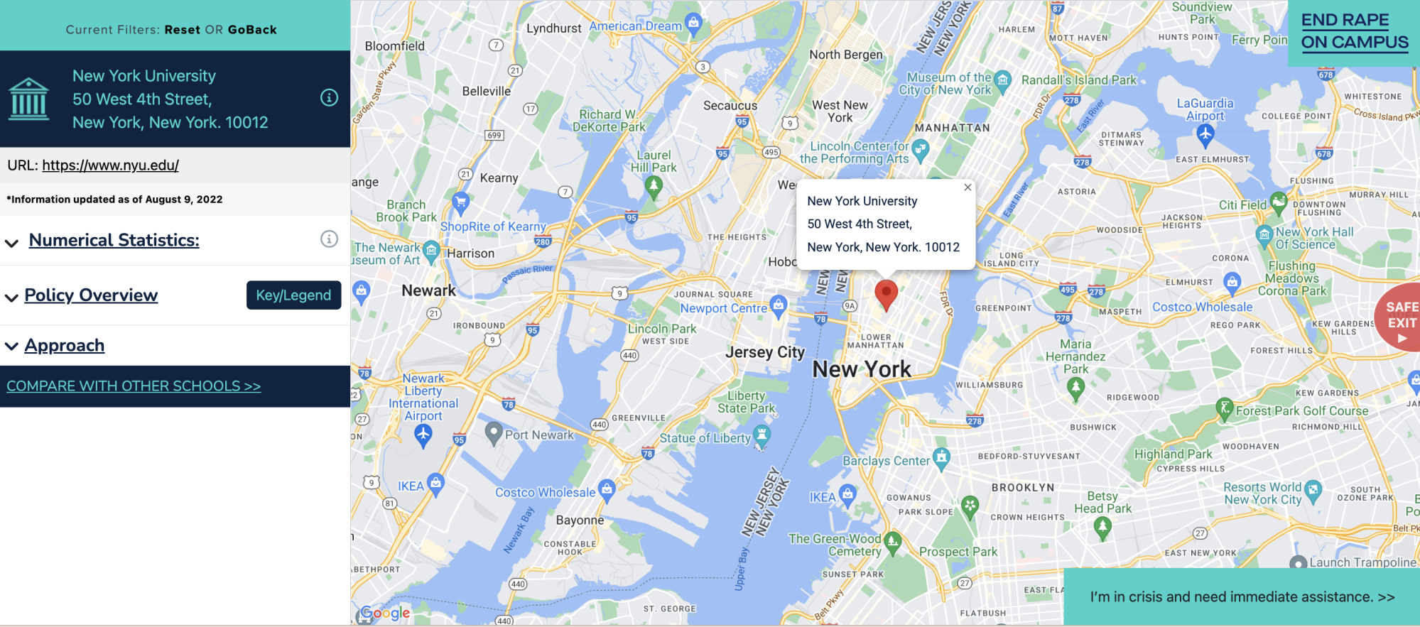 A screenshot of a map, showing a red location marker over the New York University address. To the left of the screen is a drop down menu that displays several information tools, including statistics, policies, and approaches to sexual assault.