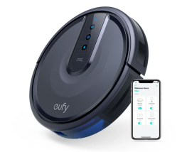 eufy robot vacuum cleaner to the left with phone showing an app, bottom left