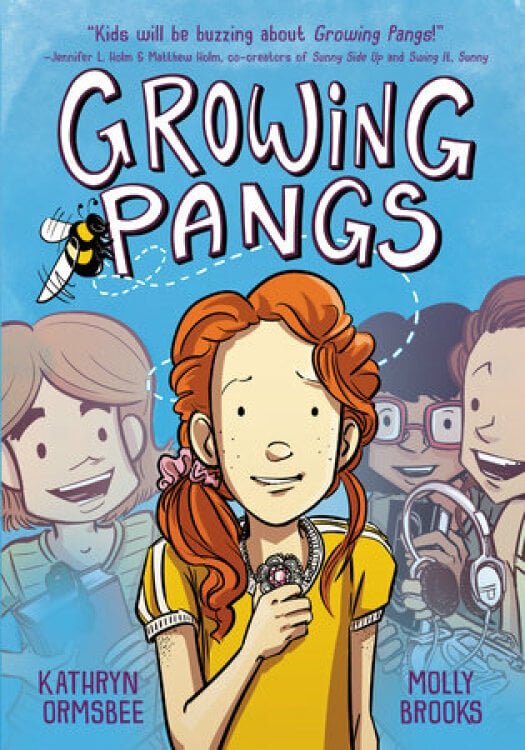 The "Growing Pangs" book cover. An illustration of a young, red-headed girl in a yellow shirt on a blue background. Three other kids stand beside her holding various items like a book, headphones, and a VHS tape. 
