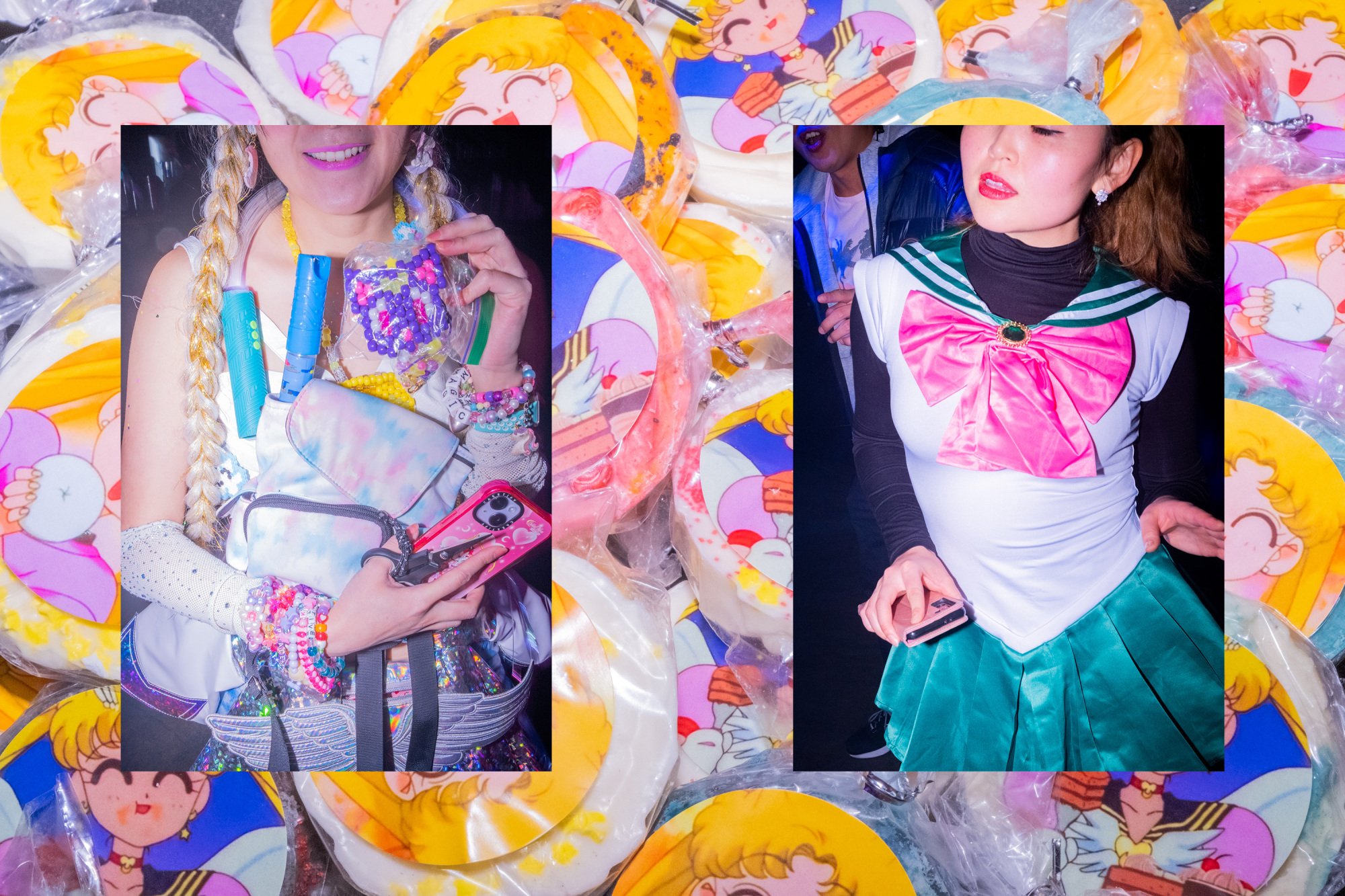 Collage of sailor moon cookies, costume, and rave accessories
