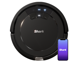 Black Shark robot vacuum in the center, phone to the right showing a purple screen