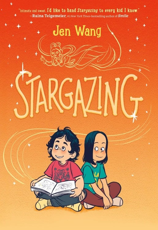 The book cover for "Stargazing." An illustration of two young girls sitting next to each other with their legs crossed. One is holding open a book.