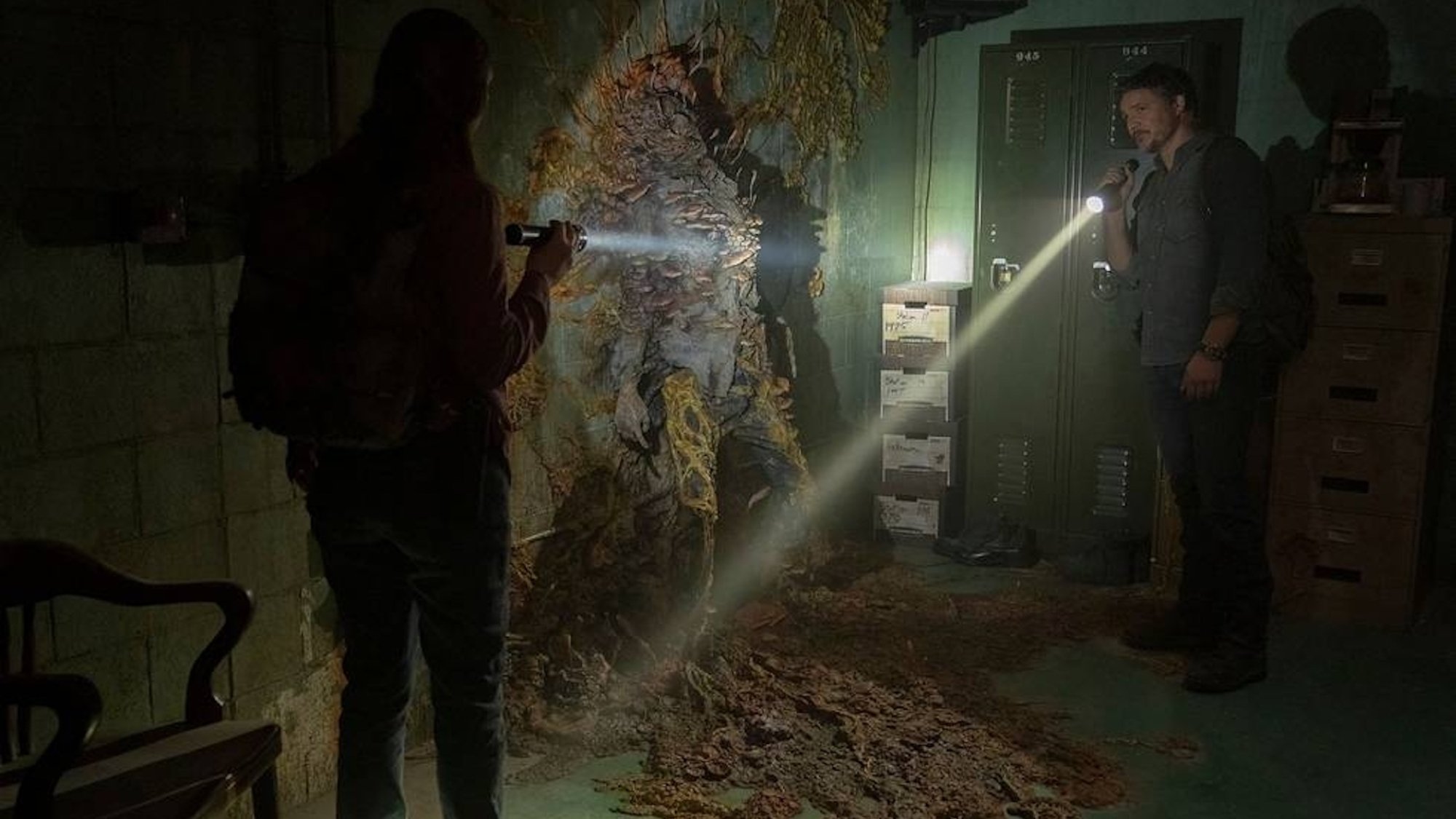 Two people with flashlights stand in a dark room with a fungal growth on the wall.