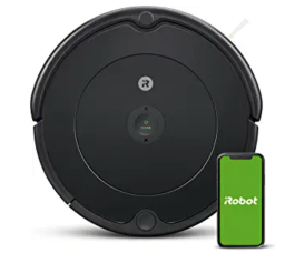 iRobot Roomba with a phone to the bottom right showing a green screen