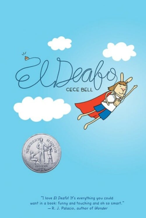 The book cover for "El Deafo." An illustration of a bunny wearing a red cape flying through a blue sky with clouds.